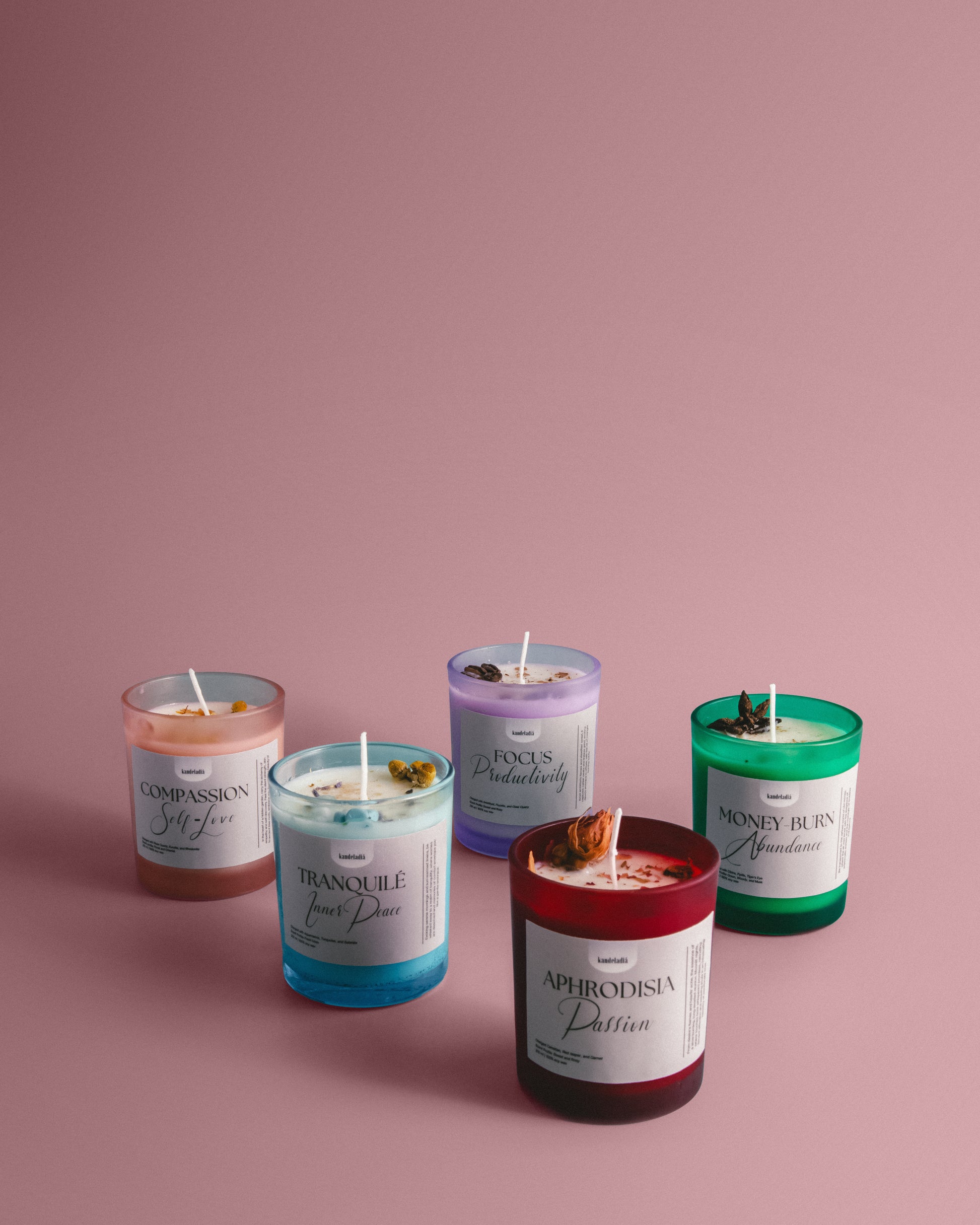 5 scented intention candles: abundance, inner peace, productivity, passion, self-love